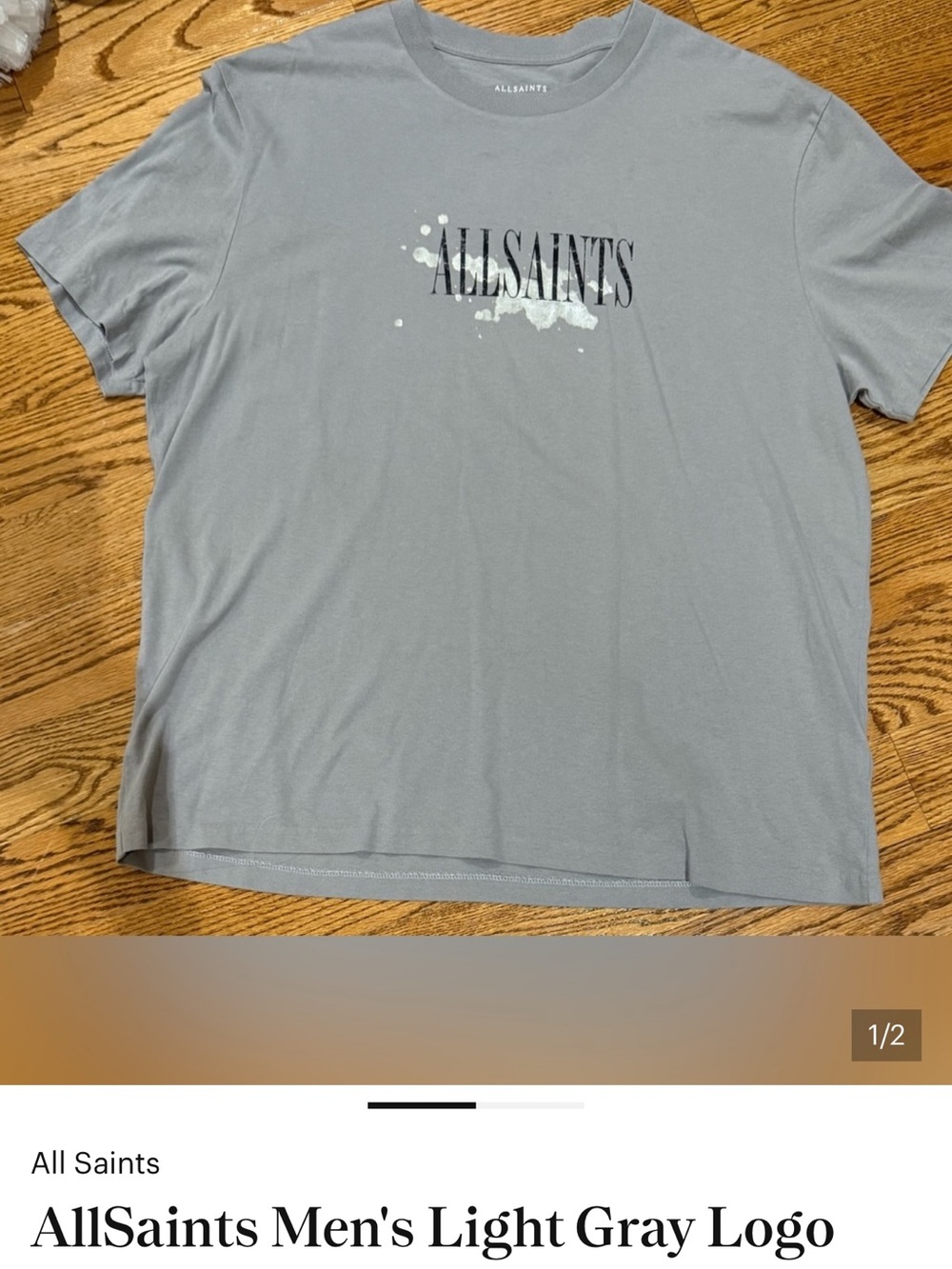 AllSaints Men's Grey Logo Tee with White Graphic